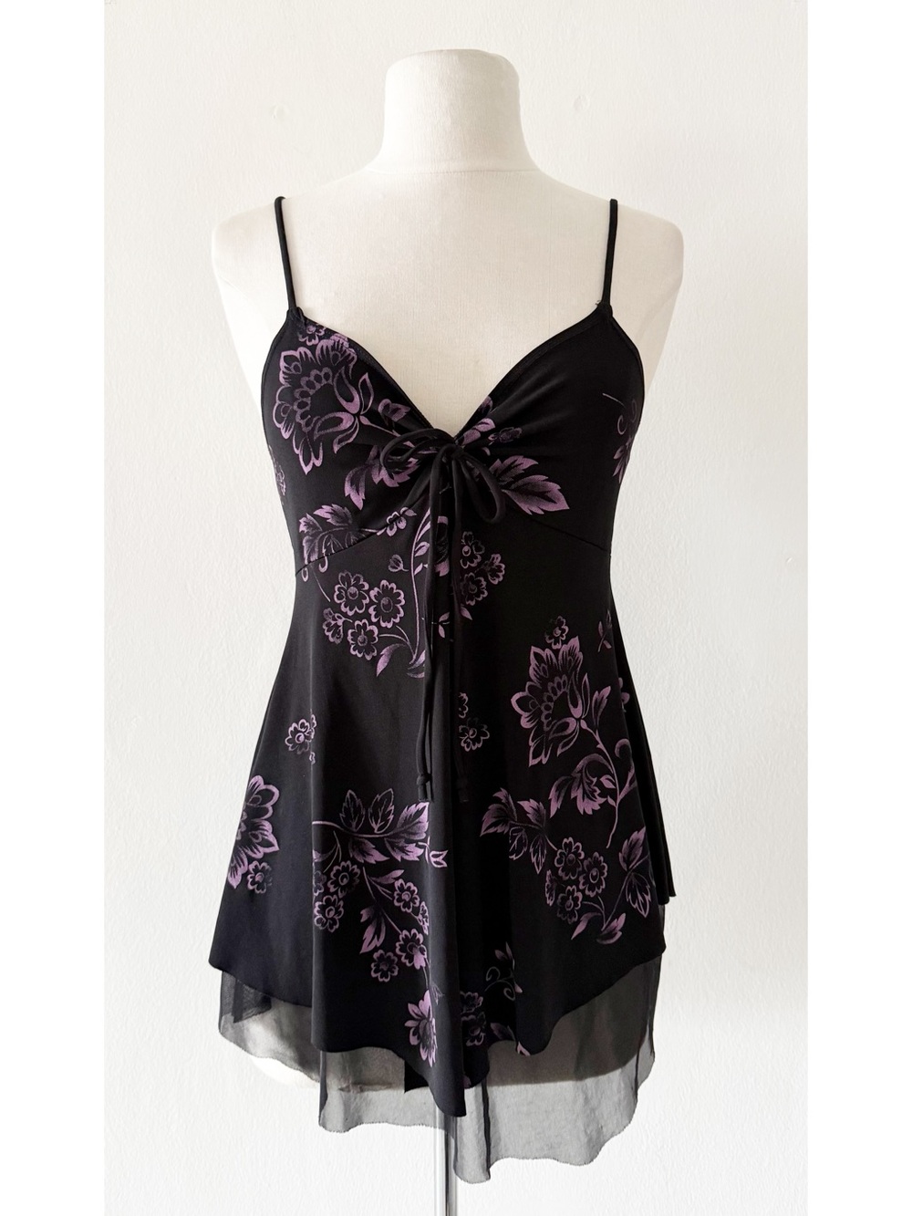 Vintage Y2K Whimsigoth RAG Brand Black & Purple Floral Cami Flowy Top Medium (M)